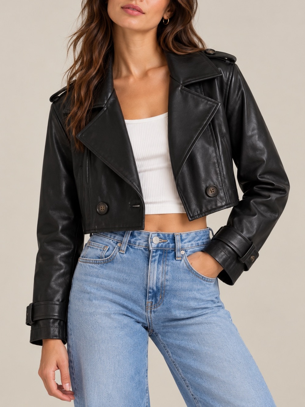 Avec Les Filles Cropped Faux Leather Jacket Black Double Breasted Fall S NWT